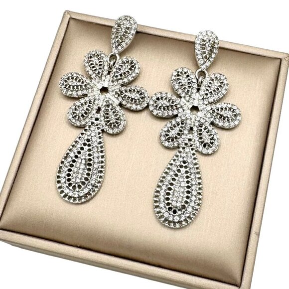 Women’s Silver Rhinestone Paved Flower Chandelier Large Drop Dangle Earrings - Picture 1 of 8
